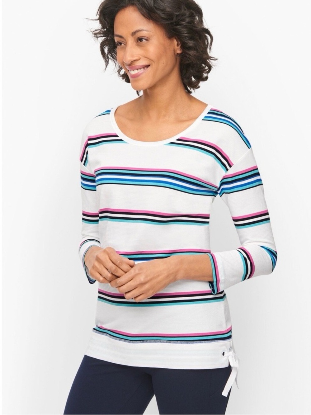T by Talbots White Blue Pink Striped Nautical Side Tie Top Size XL